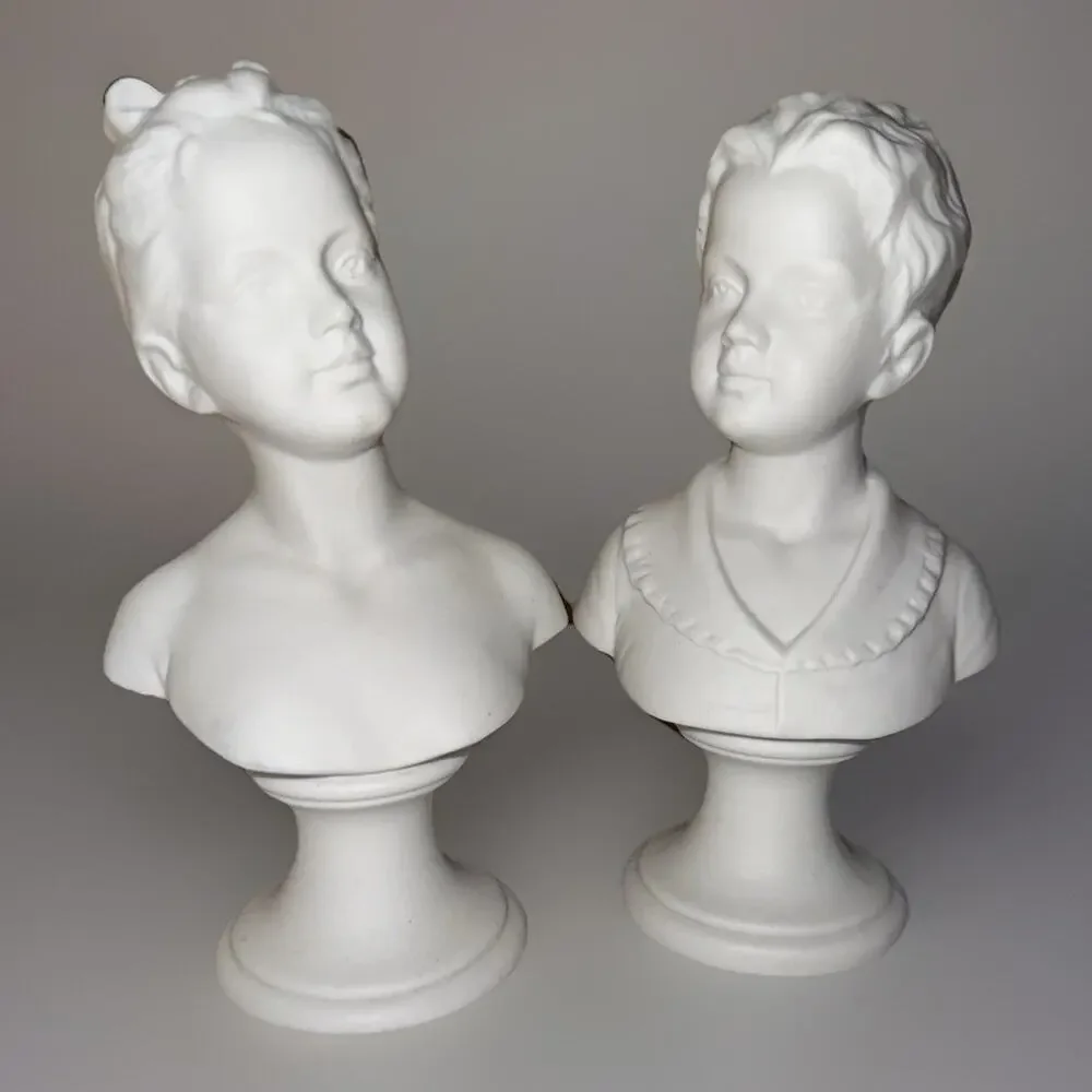 Vintage Napco White Ceramic Boy and Girl Bust Figurines Sculptures 6.75”